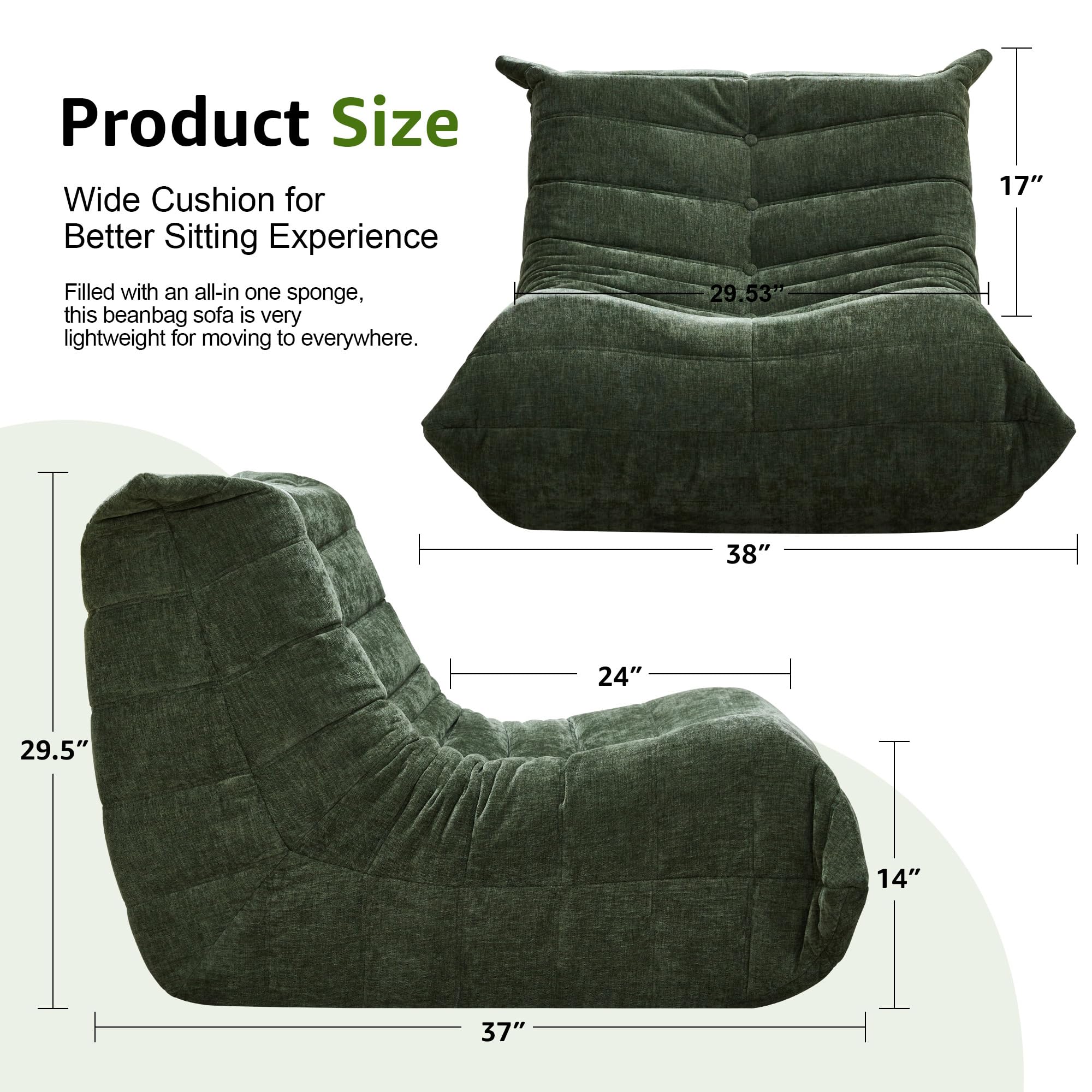 Hobestluk green chenille giant bean bag chair side view highlighting ergonomic shape