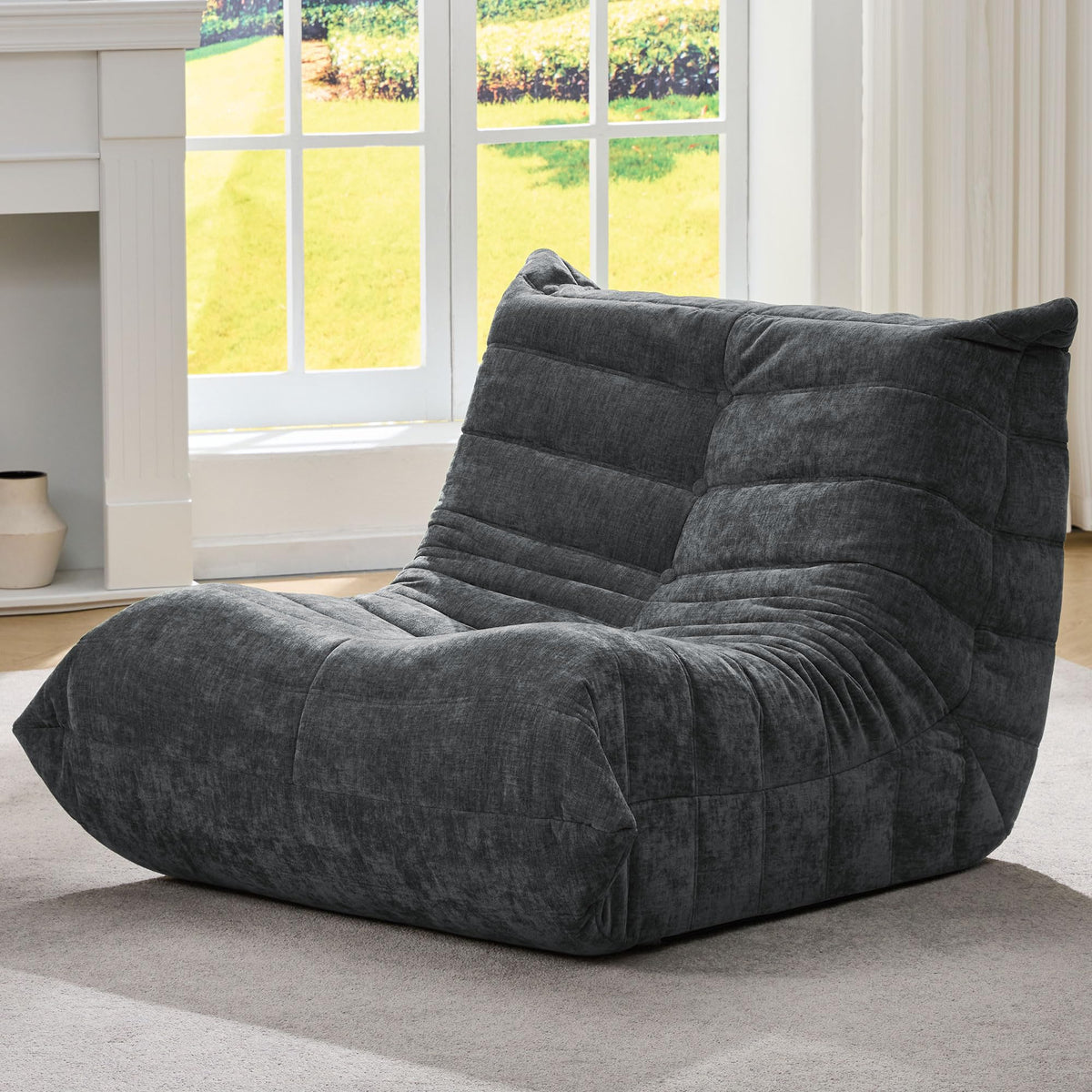 Hobestluk memory foam bean bag chair in dark grey chenille provides plush, supportive seating.