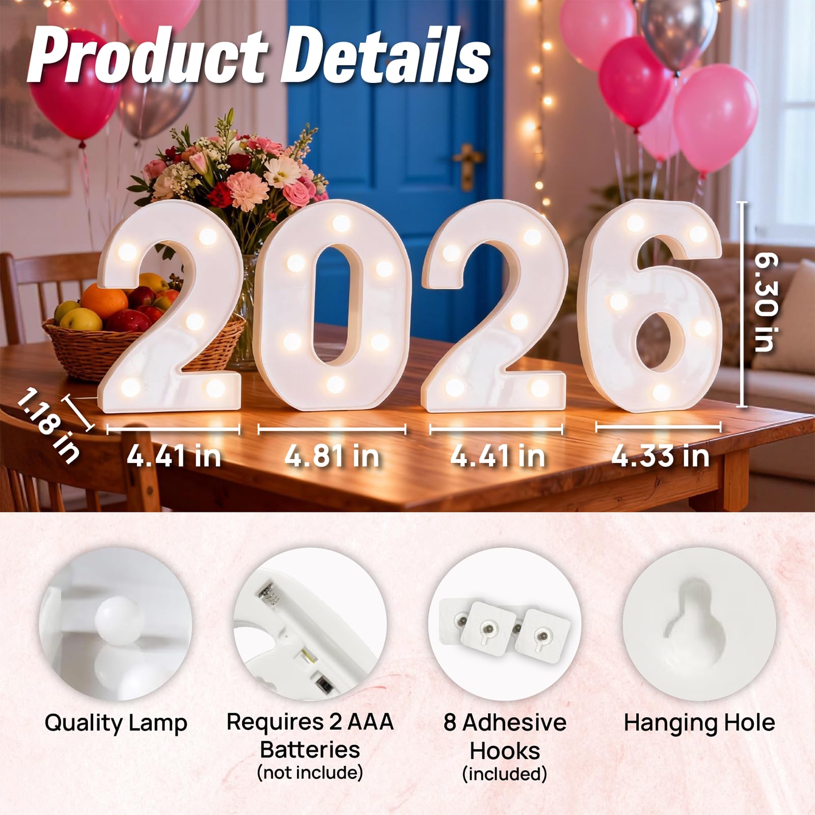 Hobrad 2026 light-up numbers powered by batteries for cordless indoor use
