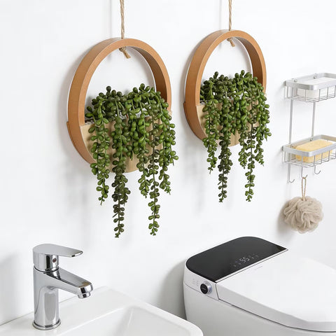 Hobyhoon hanging planter with succulents provides realistic look without watering.