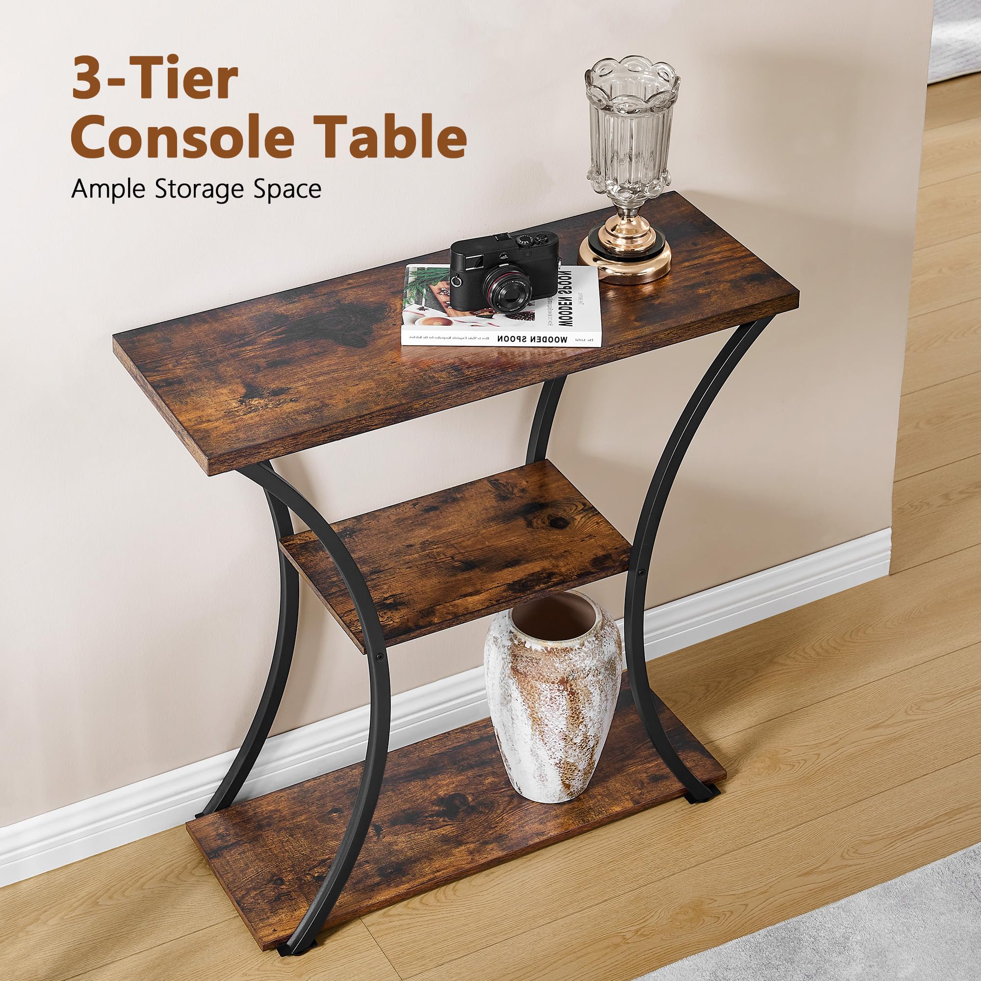 Hoctieon 3-tier console table left side view emphasizes slim profile and sturdy wood shelves