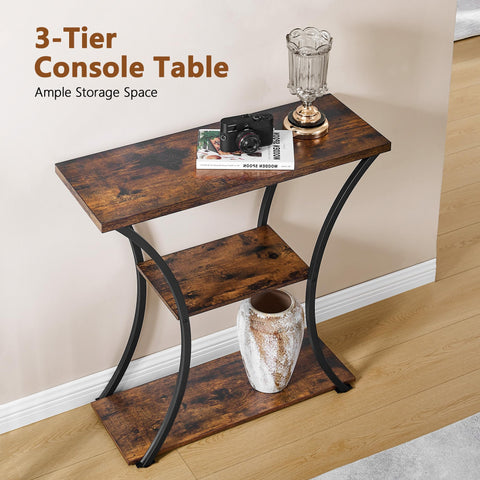 Hoctieon 3-tier console table left side view emphasizes slim profile and sturdy wood shelves