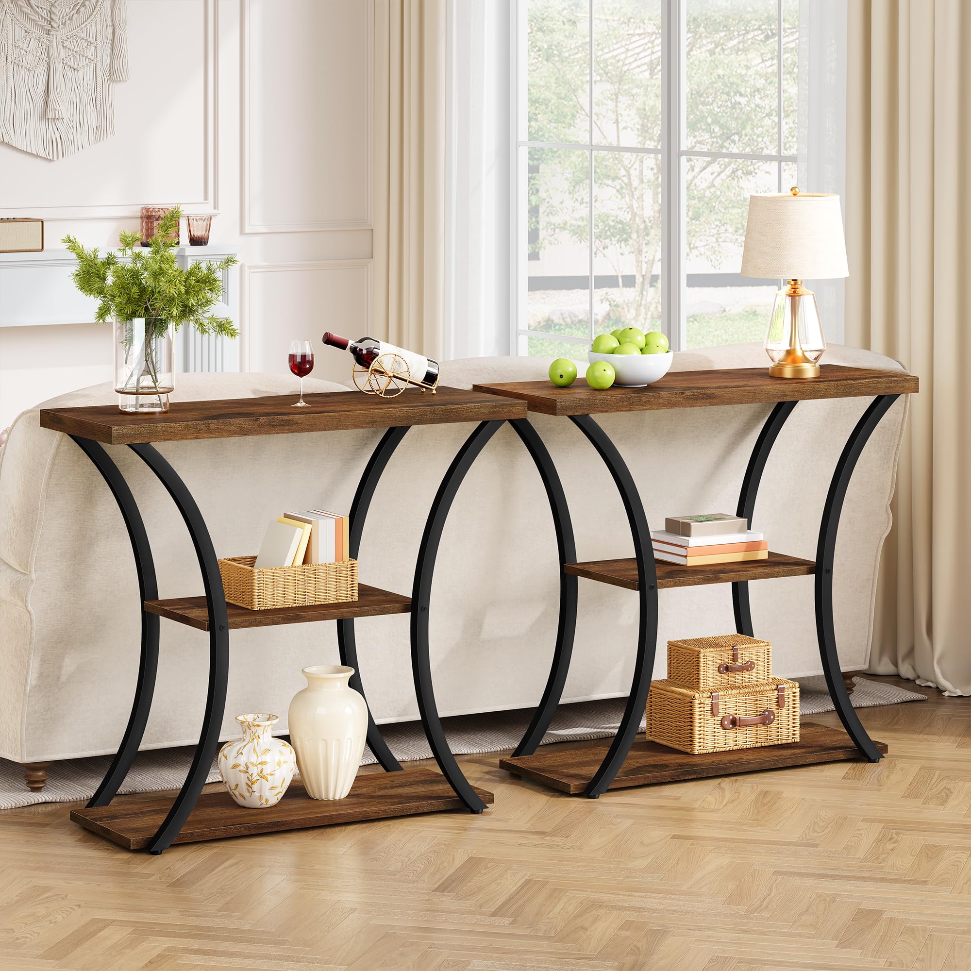 Hoctieon 3-tier console table right side view reveals curved metal frame and stable base