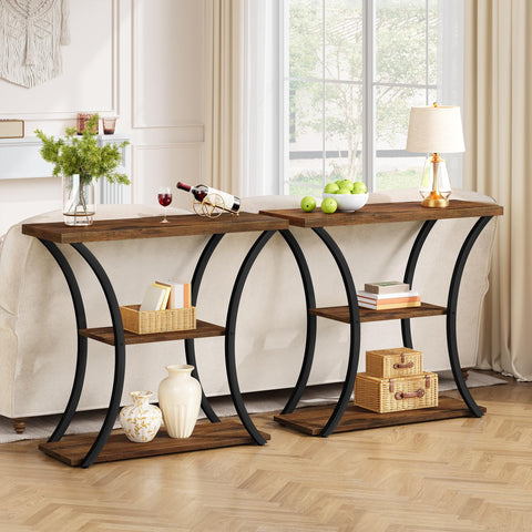 Hoctieon 3-tier console table right side view reveals curved metal frame and stable base