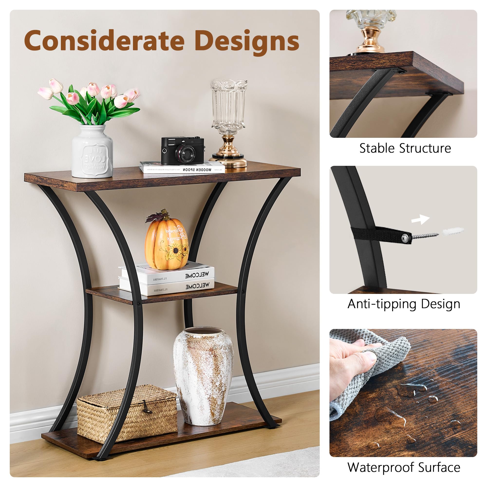 Hoctieon 3-tier console table top surface ready for lamps, decor, or keys