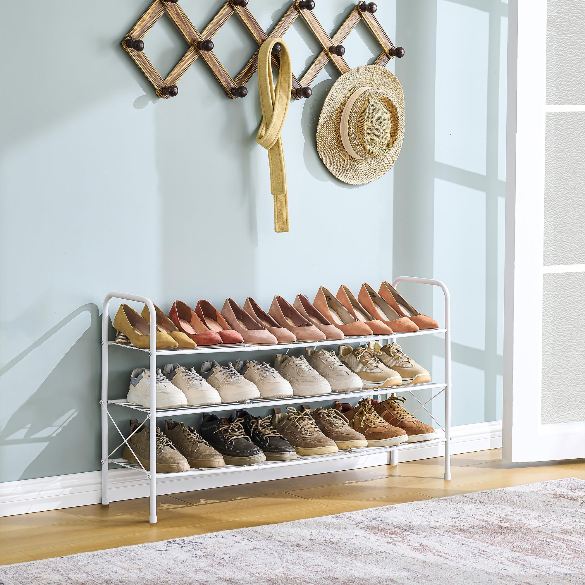 Hoctieon 3-Tier loaded-with-shoes view demonstrates organized footwear on three layers