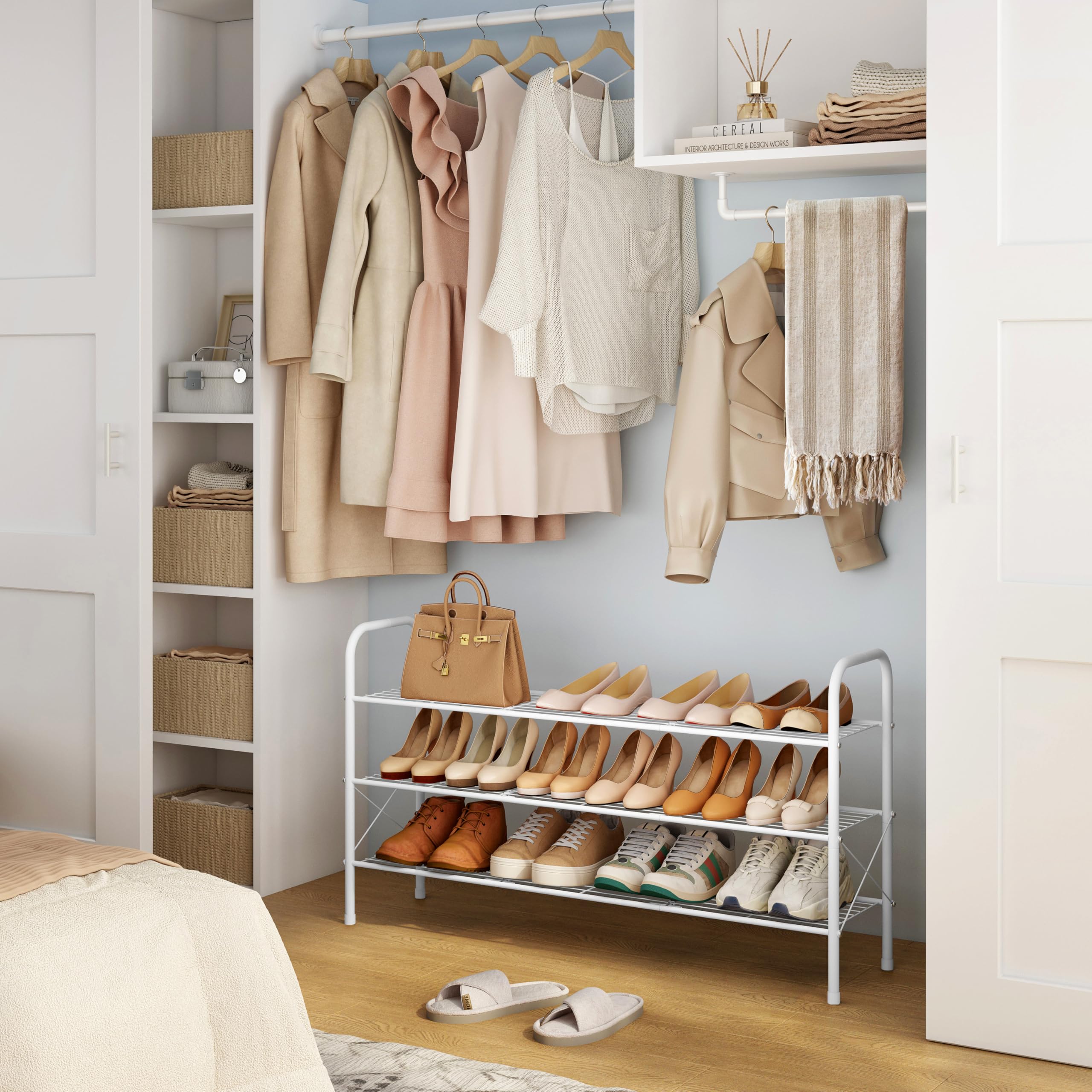 Hoctieon shoe rack side view reveals sturdy metal frame and stable standing