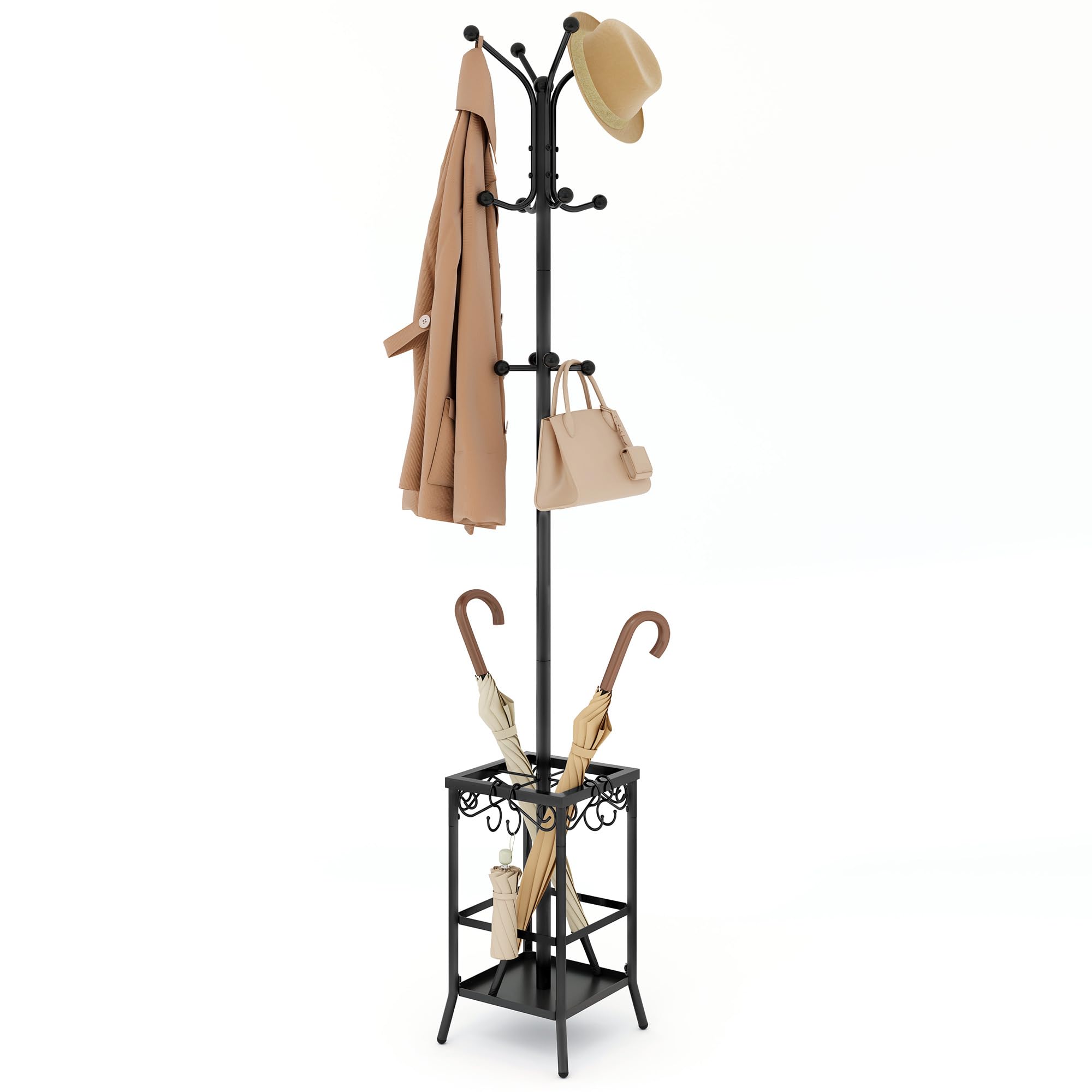 Hoctieon coat rack stand with umbrella holder keeps coats organized and umbrellas dry.