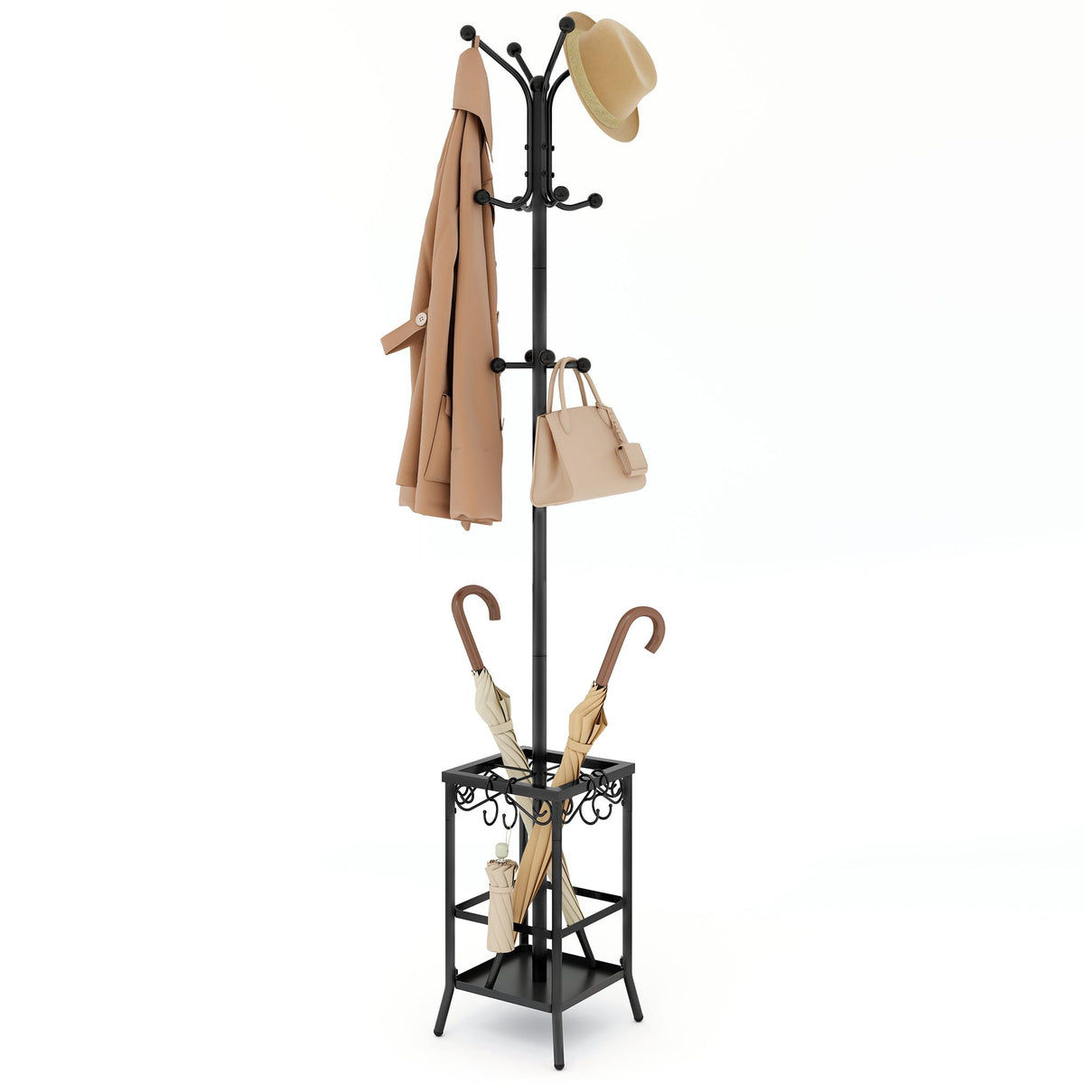 Hoctieon coat rack stand with umbrella holder keeps coats organized and umbrellas dry.