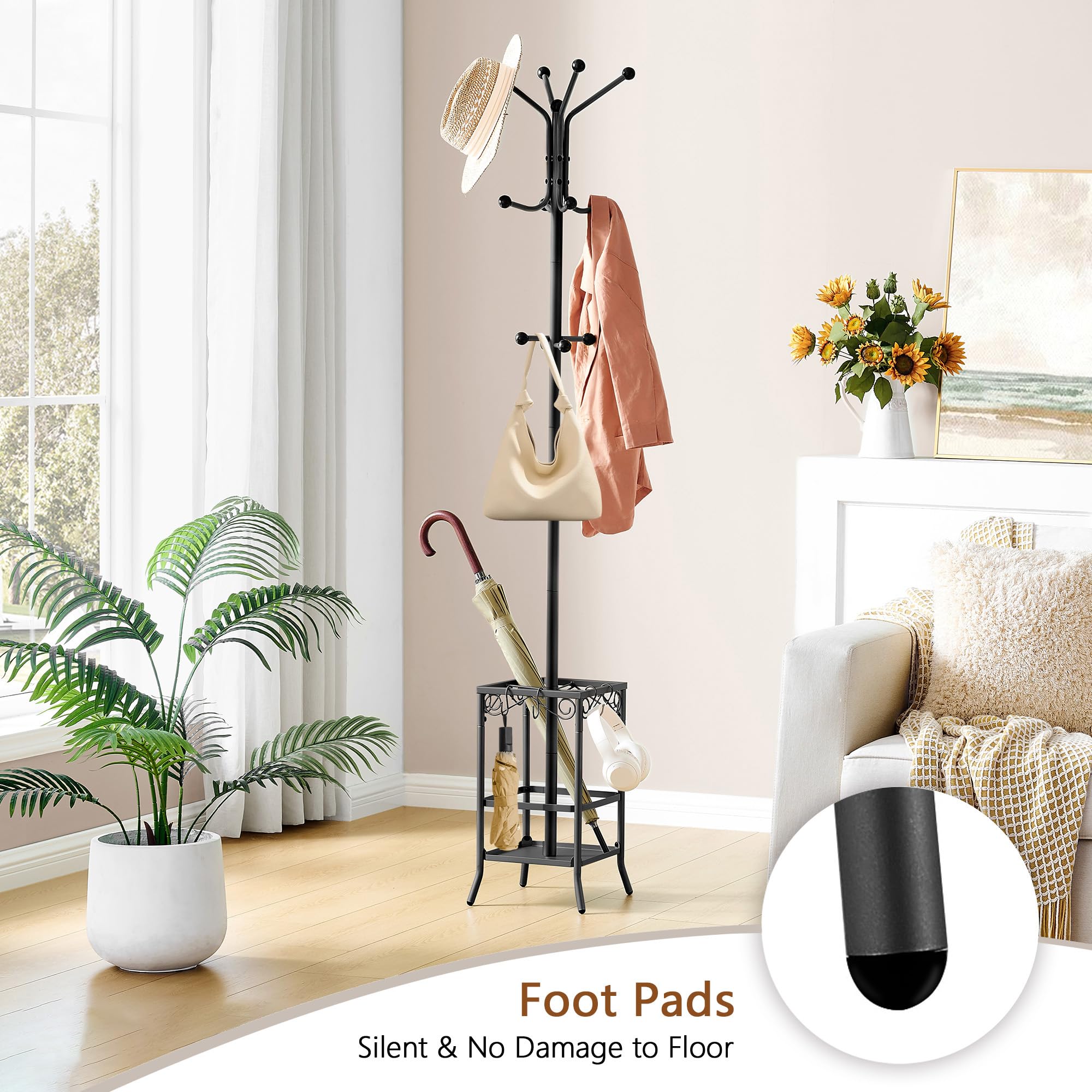 Hoctieon metal coat rack with umbrella tray protects floors from moisture.