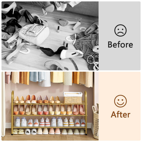 Hoctieon gold finish shoe rack complements modern décor.