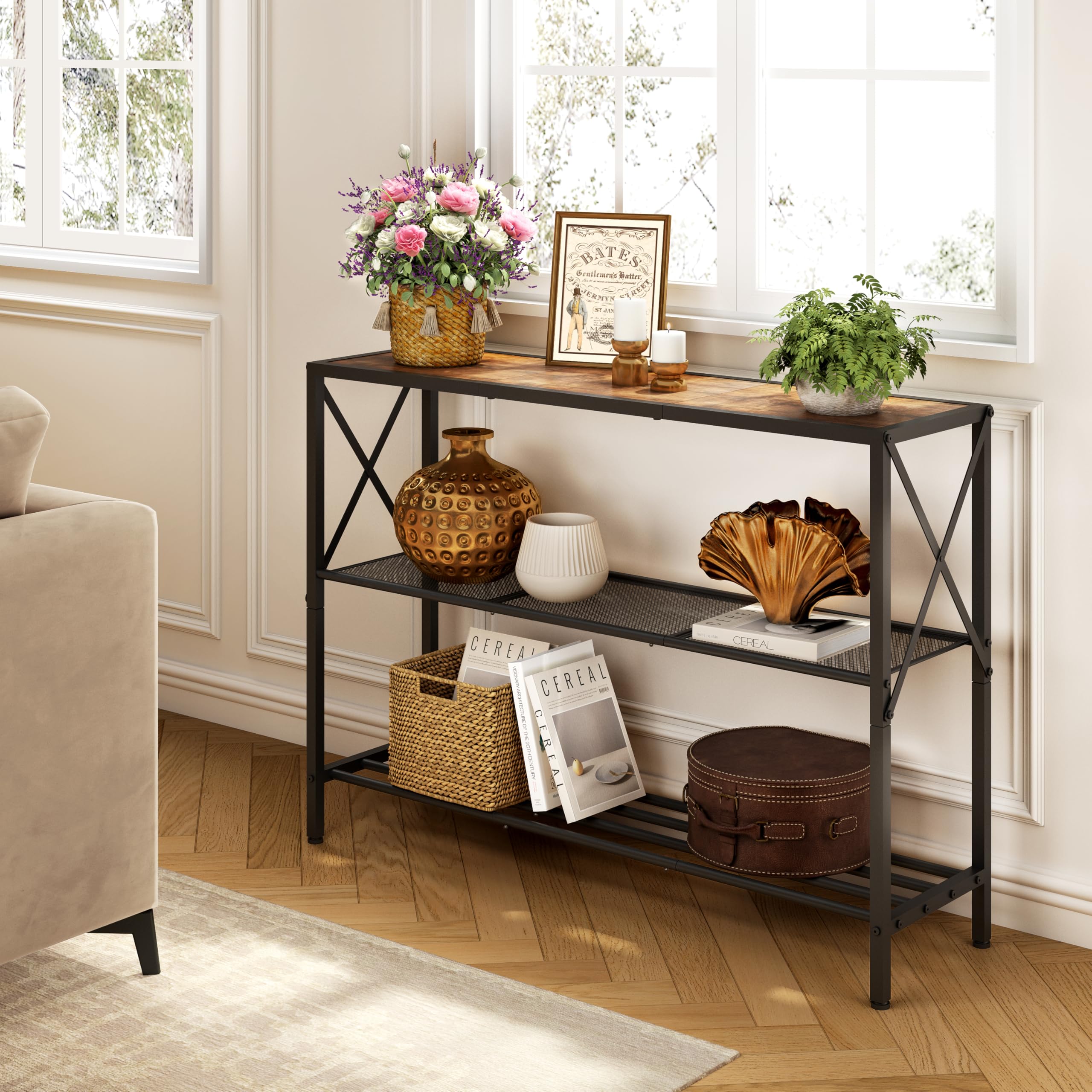 Hoctieon console table side view showing sturdy black metal frame.
