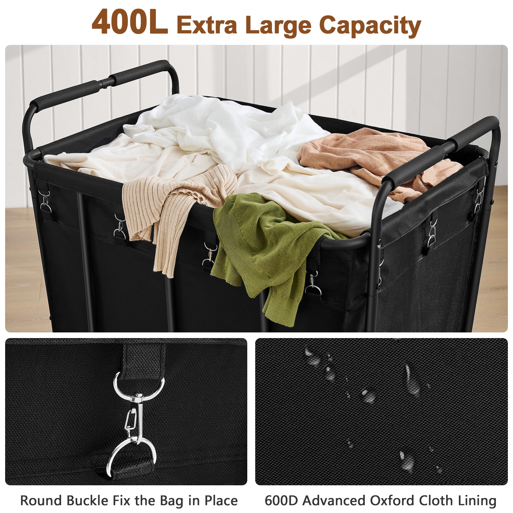 Hoctieon laundry cart buckle fixations enable secure bag attachment.
