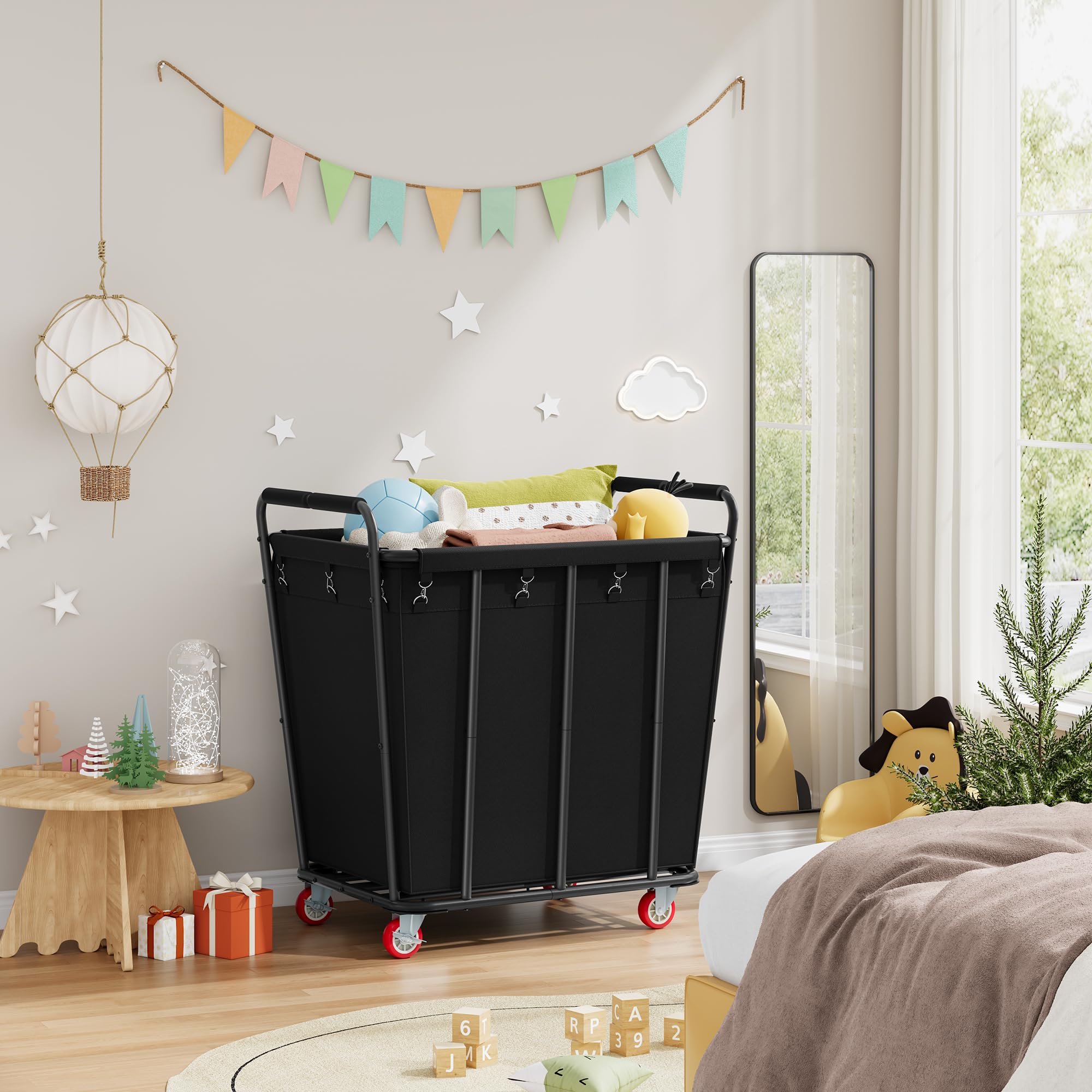 Hoctieon home and hotel use illustrates versatile laundry sorter.