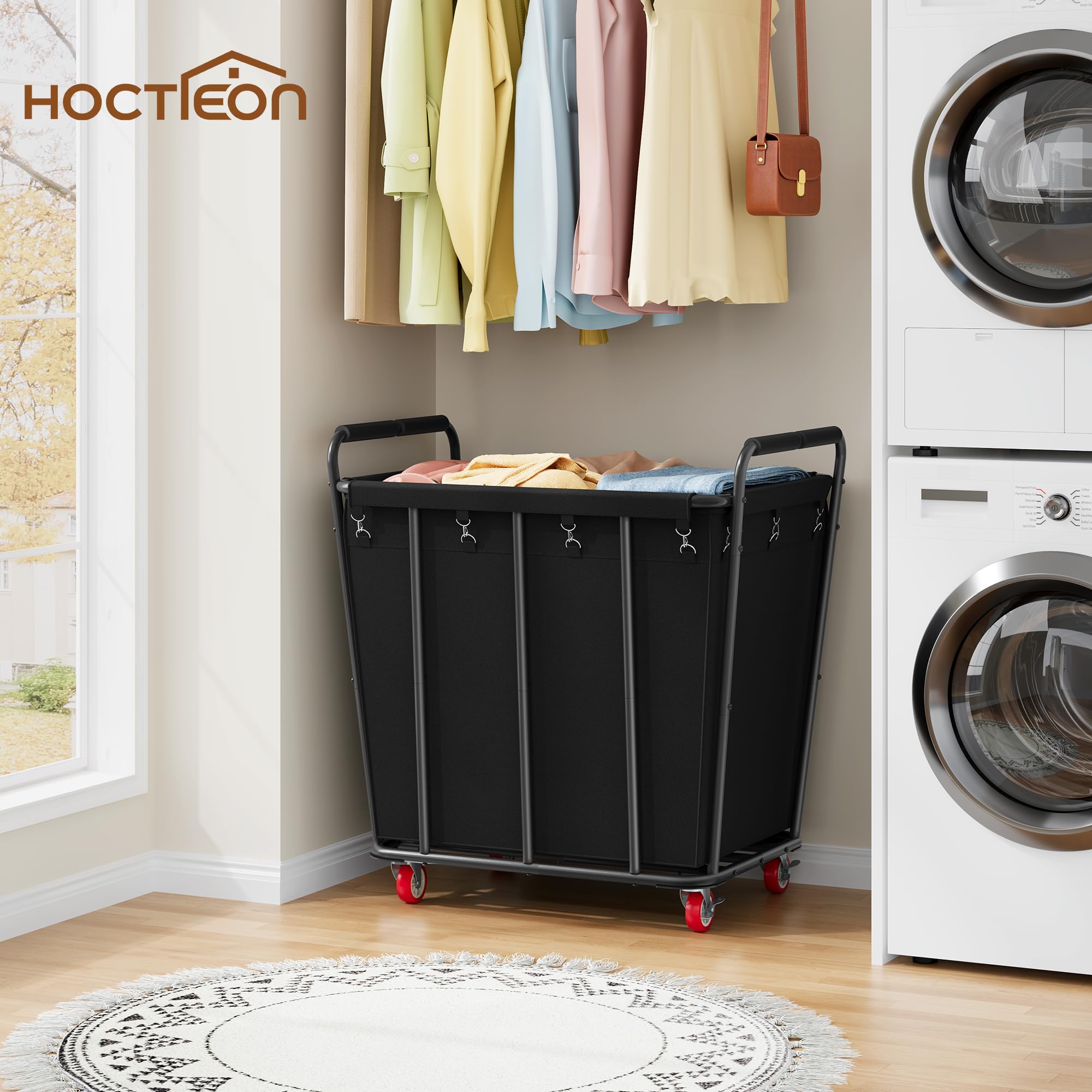 Hoctieon laundry cart rolling wheels close-up showing smooth 360-degree movement.