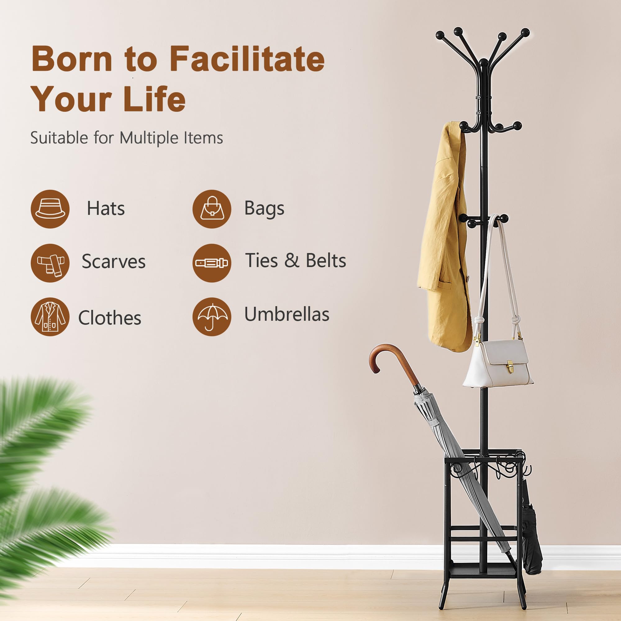 Hoctieon umbrella stand compatible with long-handle and folding umbrellas.