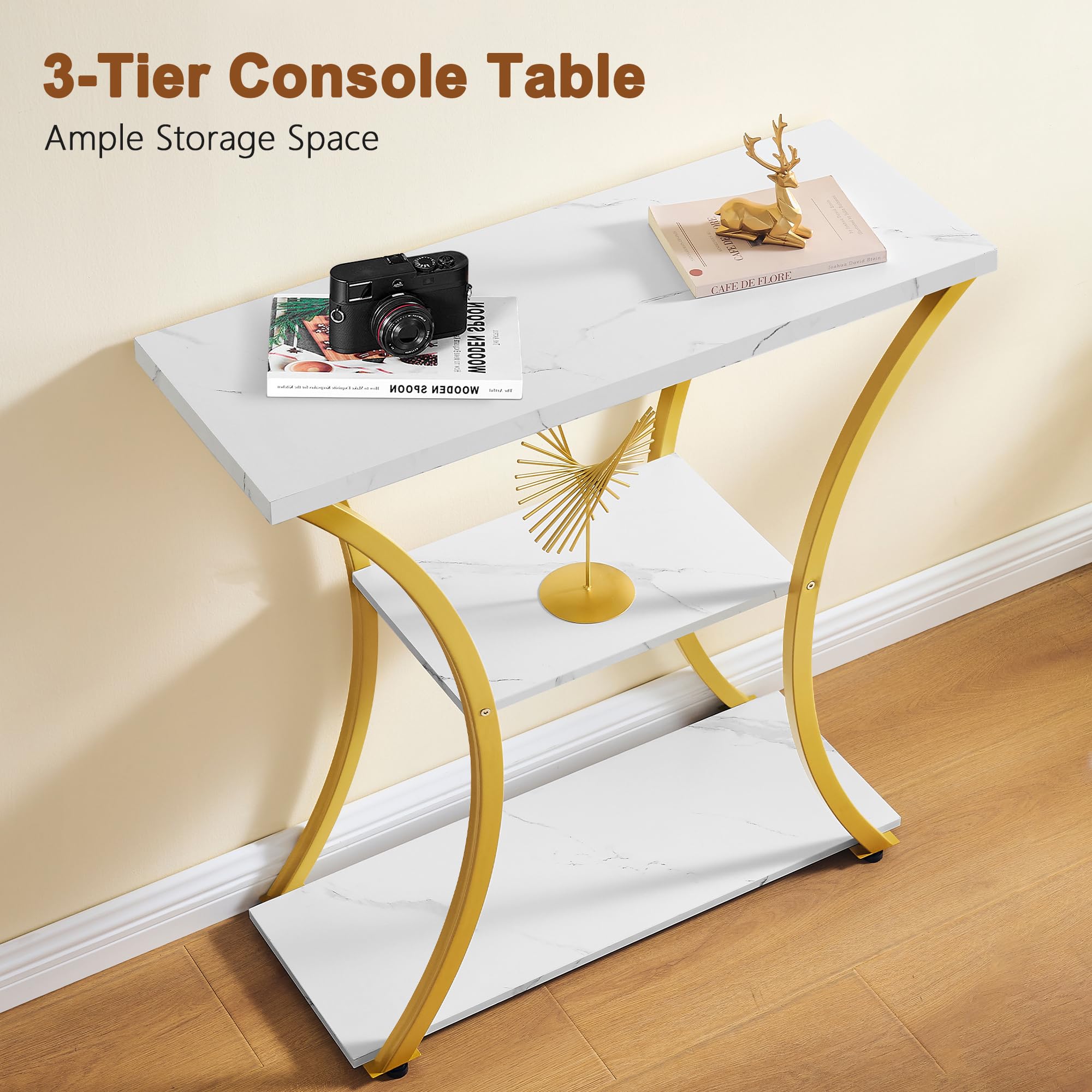 Hoctieon white marbled top console highlights modern surface for decor.