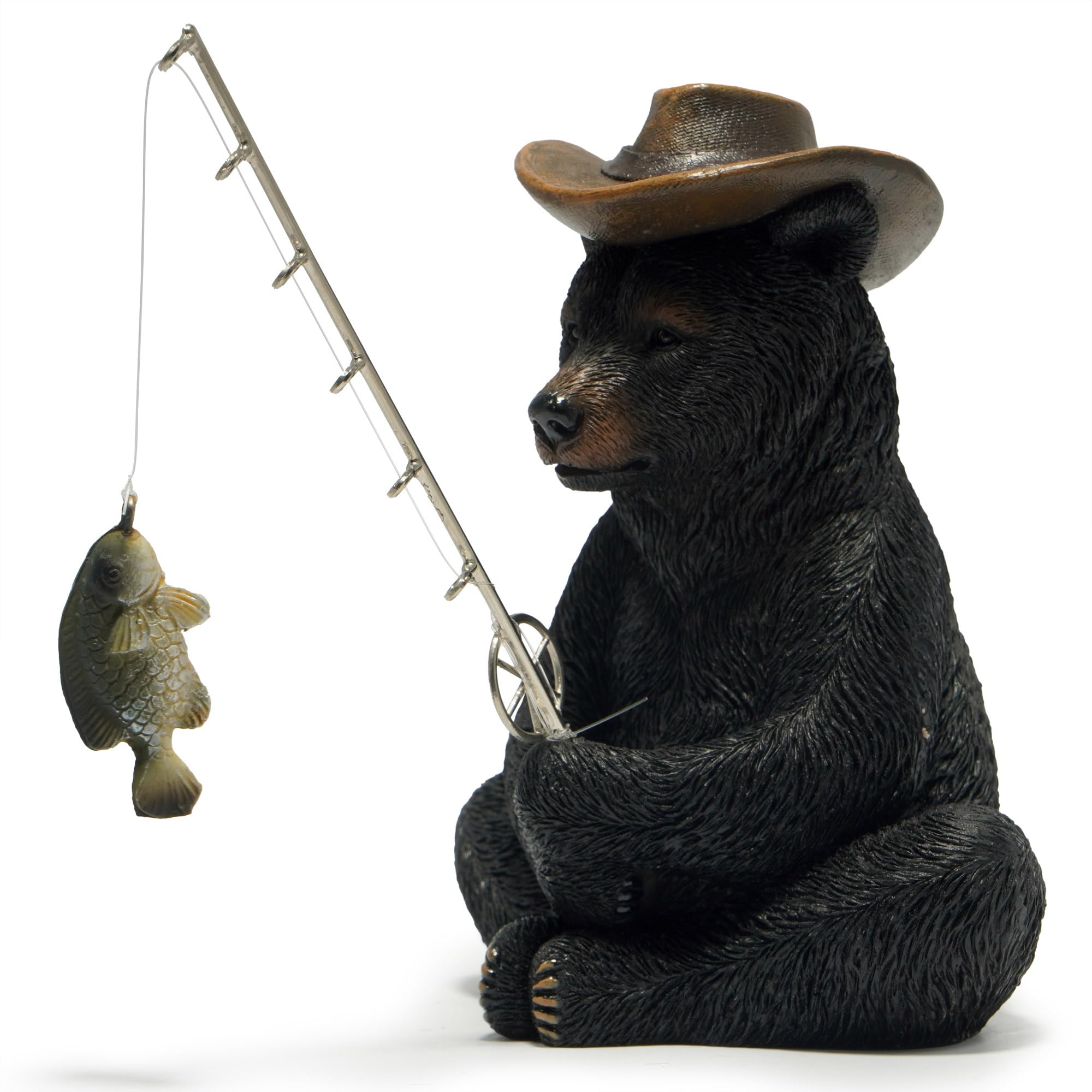Hodao black bear fishing figurine on desk adds whimsical coastal decor.