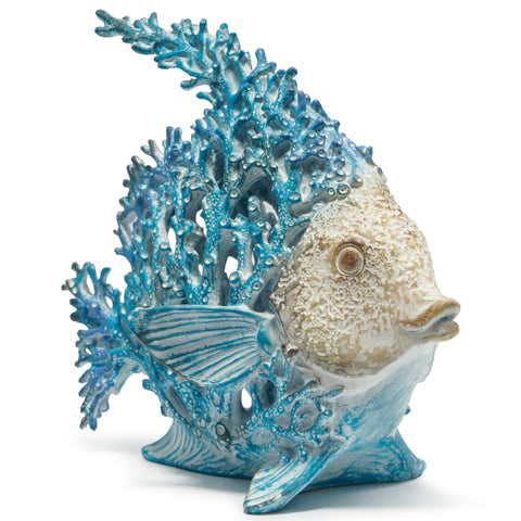 Hodao tropical fish sculpture with blue and white corals enhances desk decor.