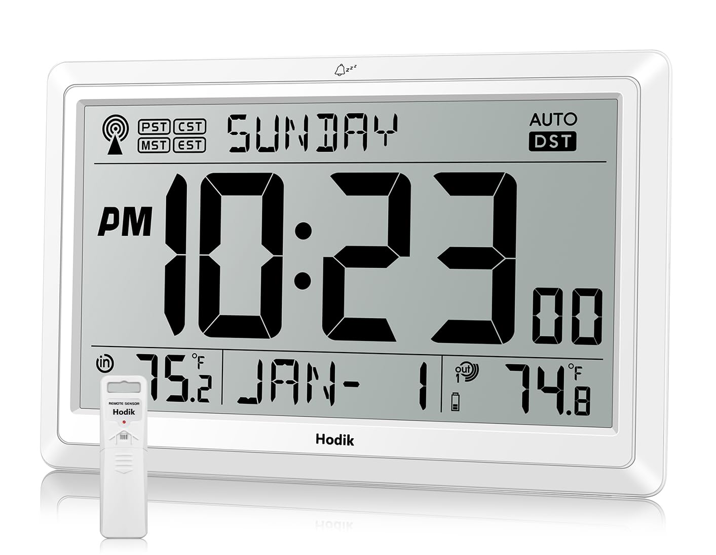 HODIK Atomic Wall Clock shows indoor and outdoor temperature for quick room checks.