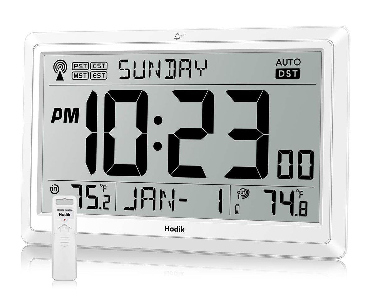 HODIK Atomic Wall Clock shows indoor and outdoor temperature for quick room checks.