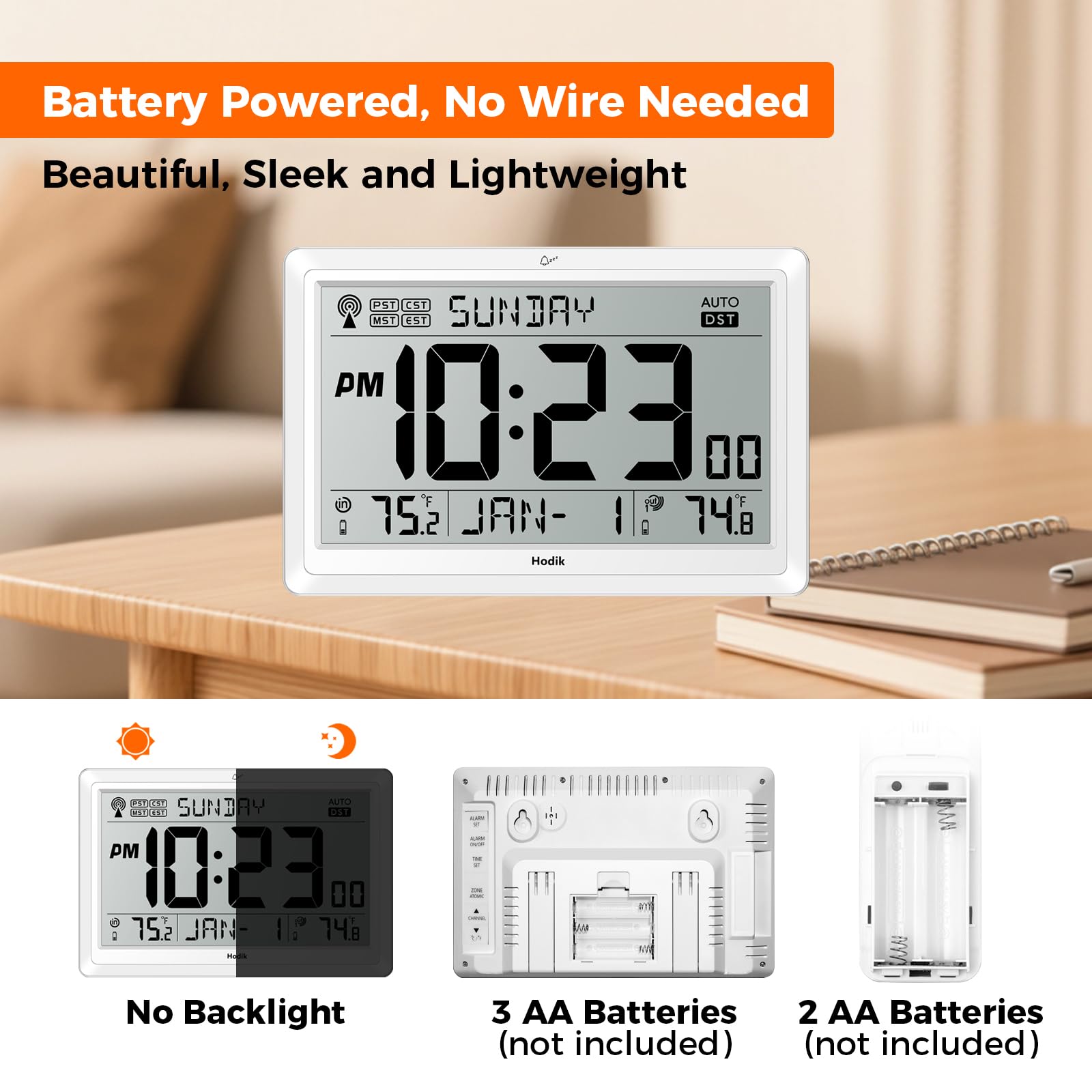HODIK battery powered clock with wireless sensor for flexible placement.