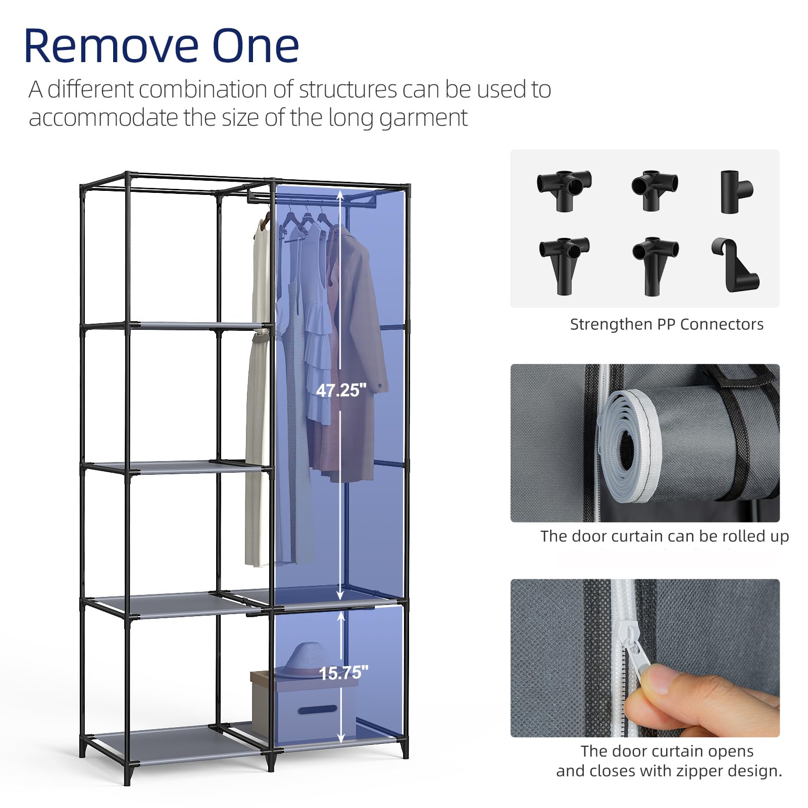 HODYANN gray wardrobe with adjustable rods supports different garment lengths.