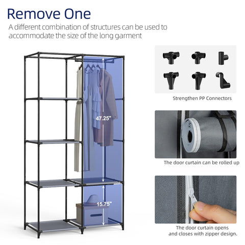 HODYANN gray wardrobe with adjustable rods supports different garment lengths.