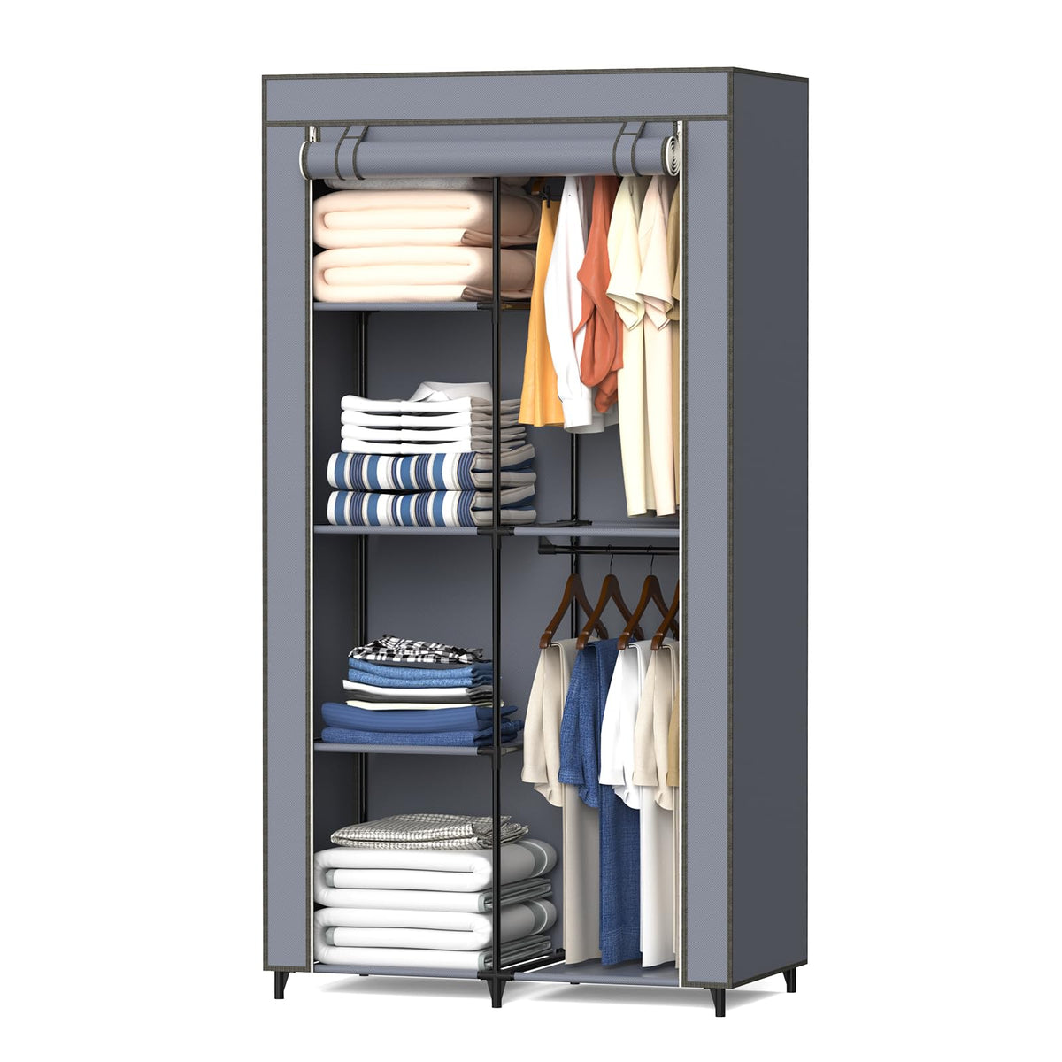 HODYANN portable closet assembled with six shelves and two hanging rods for durable bedroom organization.