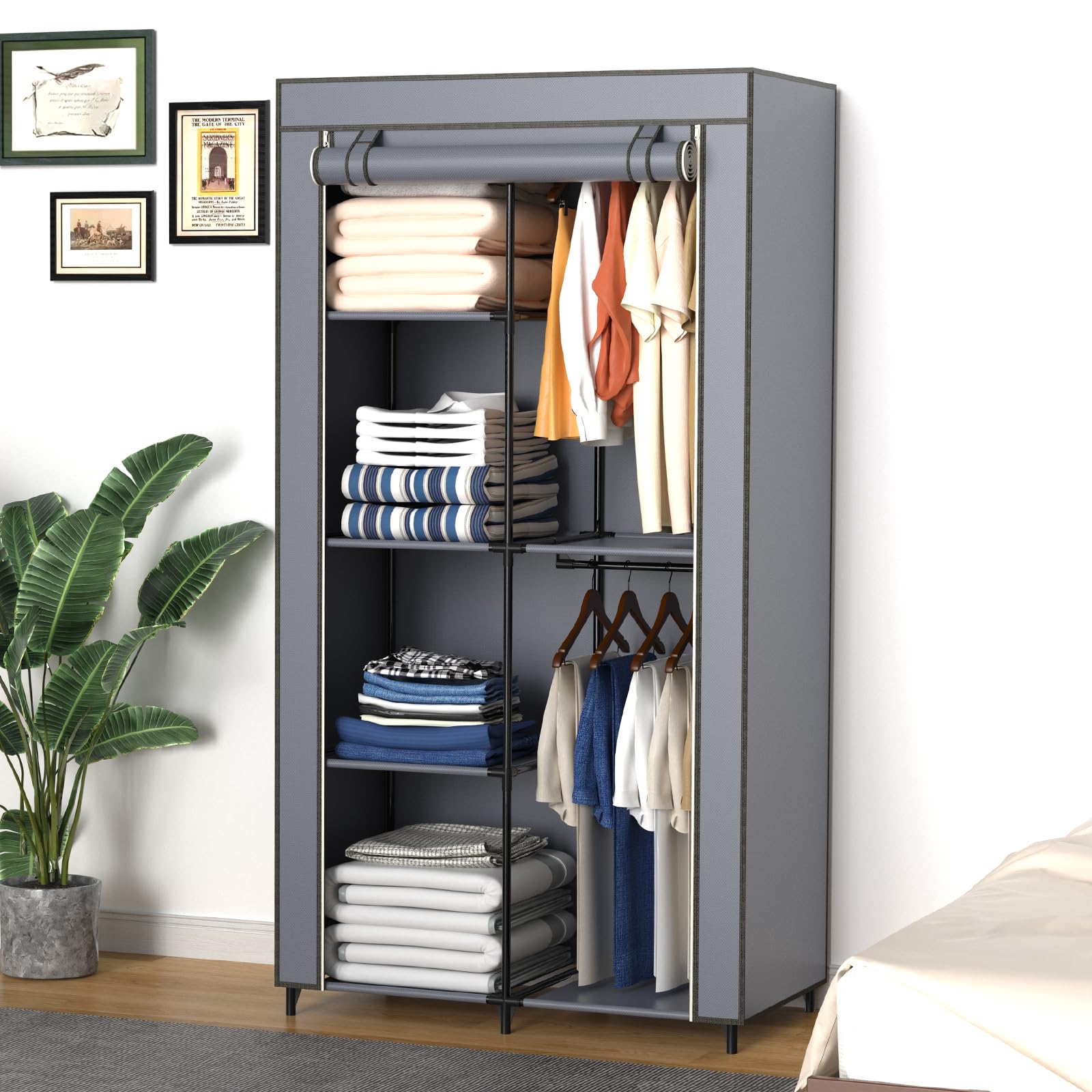 HODYANN wardrobe closet with dust-cover demonstrates dust protection for clothes.