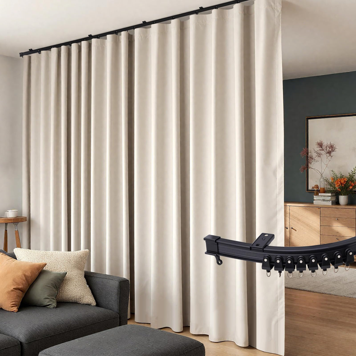 Hoeflife room divider beige drape demonstrates privacy in an open living space.