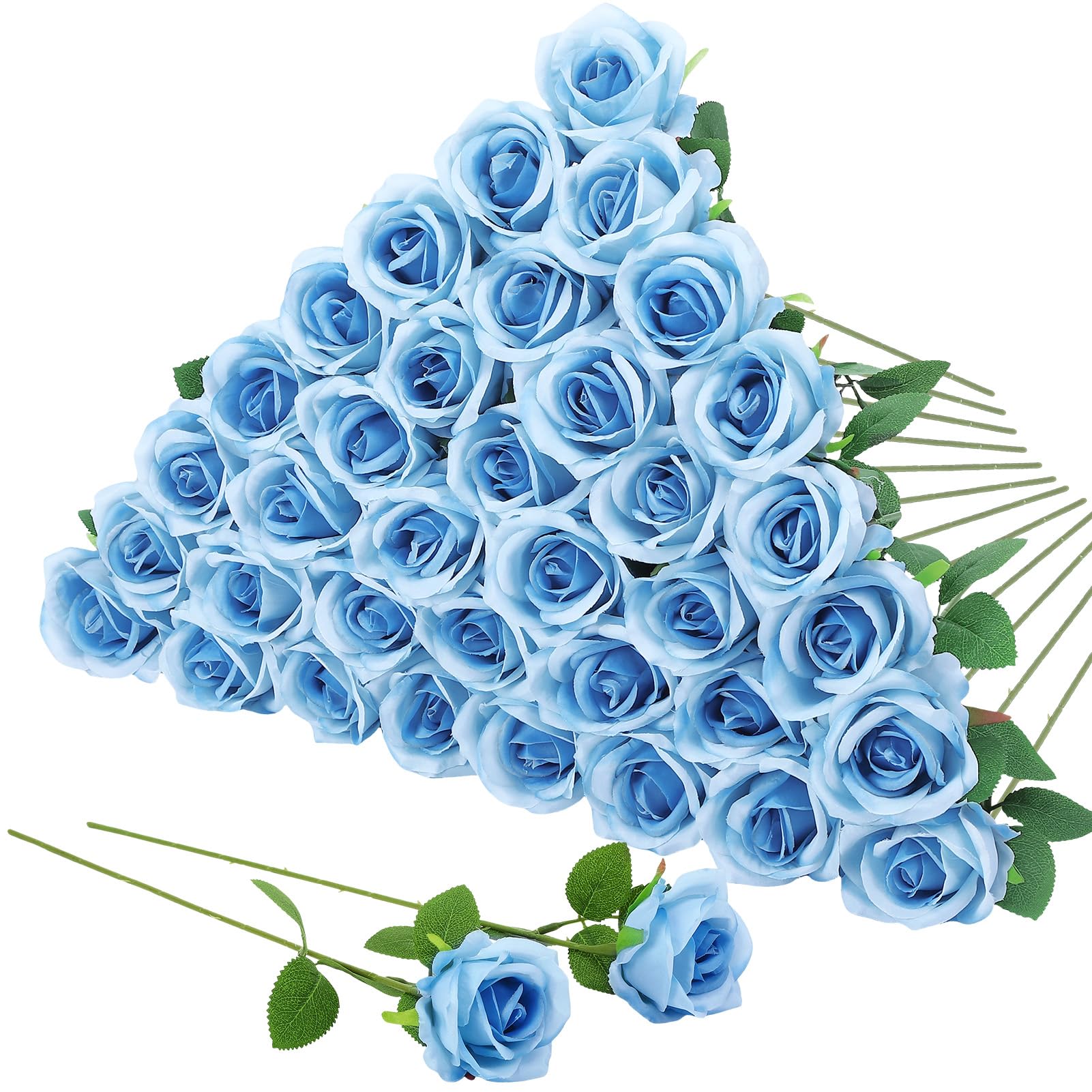 Hoemwarm sky blue artificial roses with long stems for bulk wedding bouquets.
