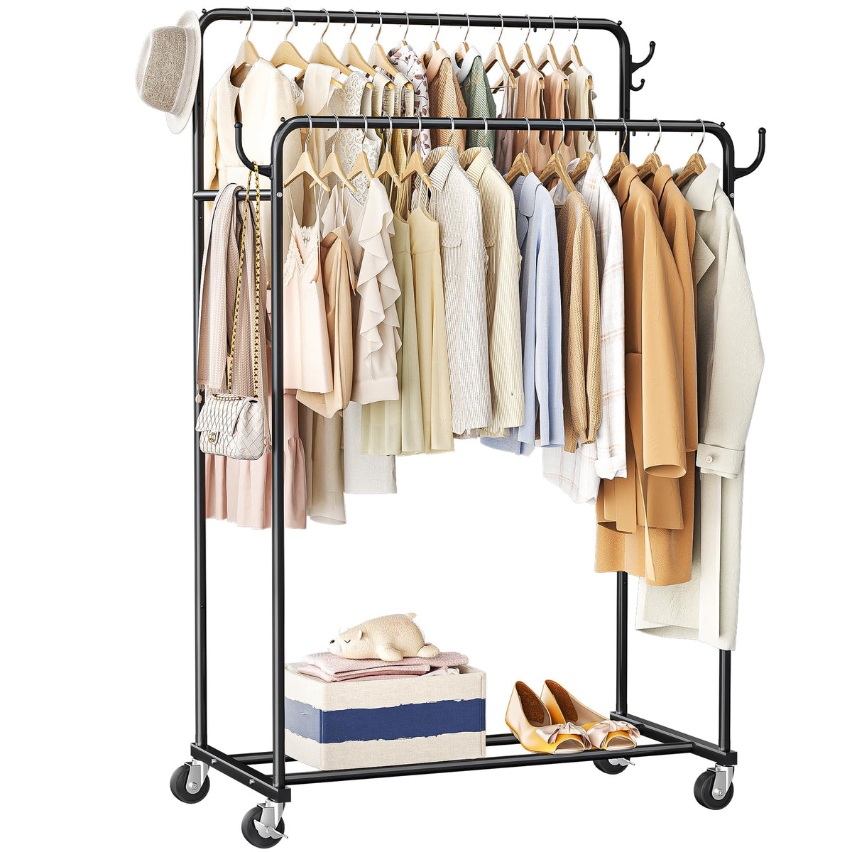 HogHow clothes rack double-rod design keeps garments neatly organized.