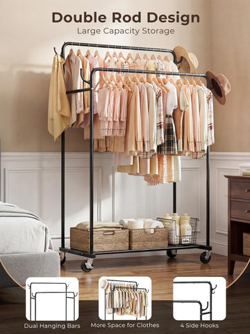 HogHow clothes rack with 360-degree wheels for easy movement.