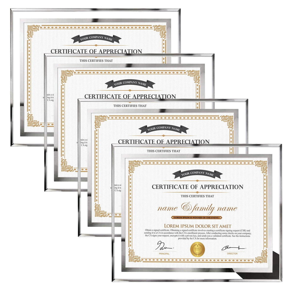 Hoikwo 8-5x11 silver glass frame front view for tabletop certificate display.