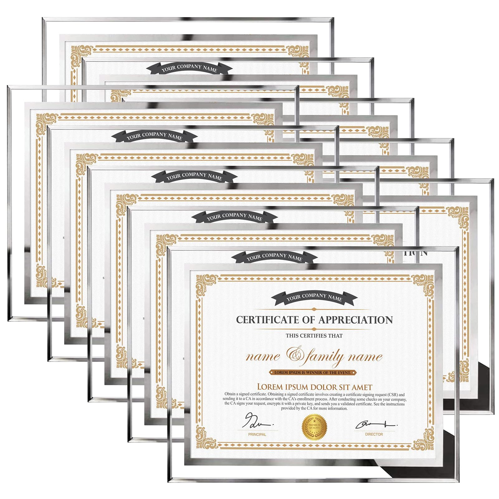 Hoikwo 8.5x11 silver glass frame front view with mirrored edges for a crisp certificate display.