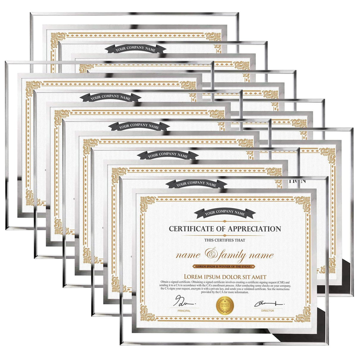 Hoikwo 8.5x11 silver glass frame front view with mirrored edges for a crisp certificate display.
