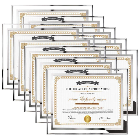 Hoikwo 8.5x11 silver glass frame front view with mirrored edges for a crisp certificate display.