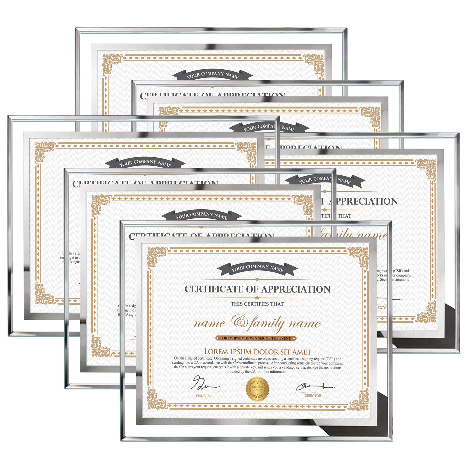 Hoikwo six-pack diploma frames with silver glass for professional displays