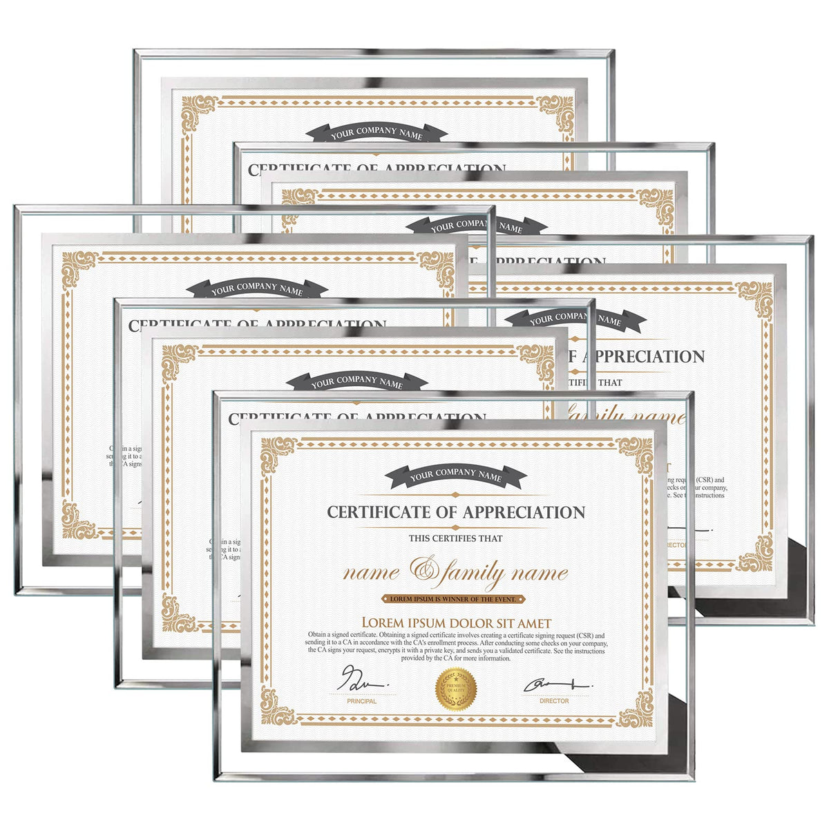 Hoikwo six-pack diploma frames with silver glass for professional displays