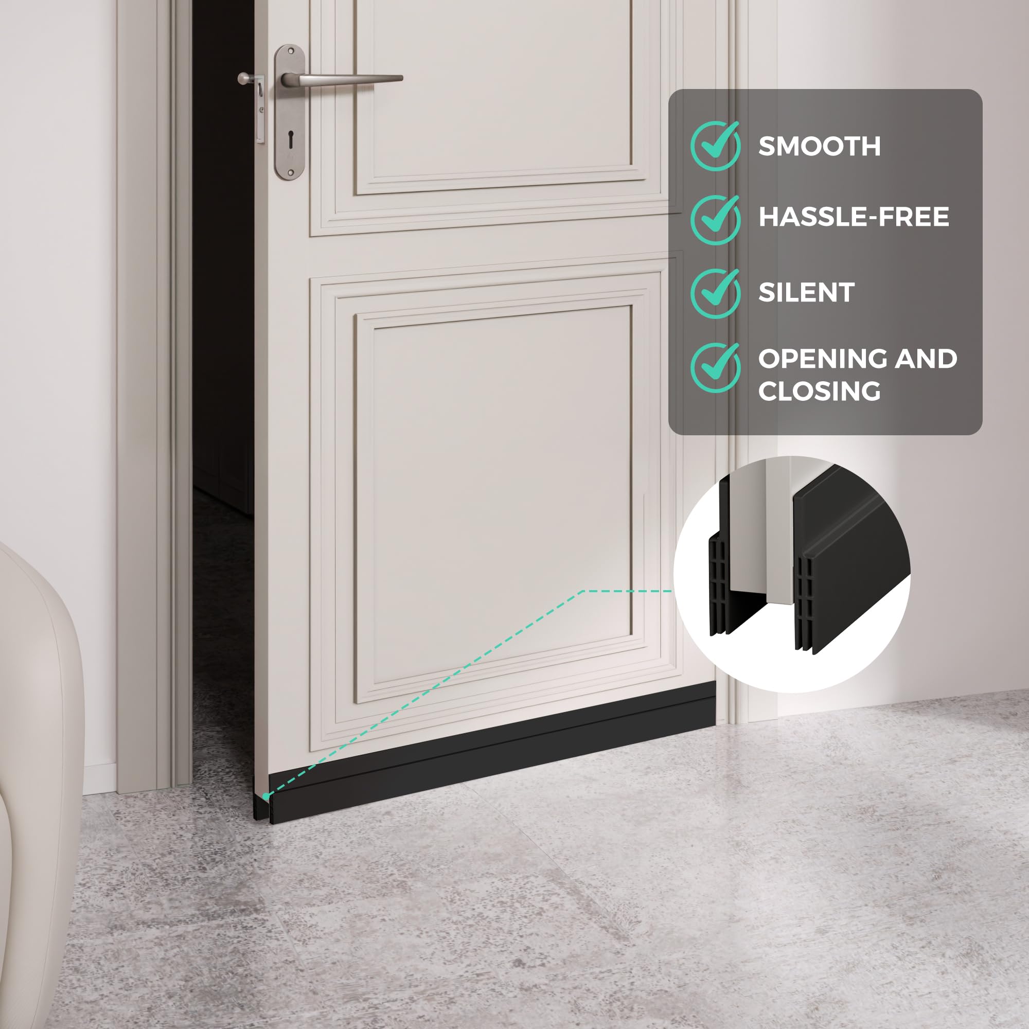 Hojoy adhesive door sweep application close-up demonstrating strong grip.