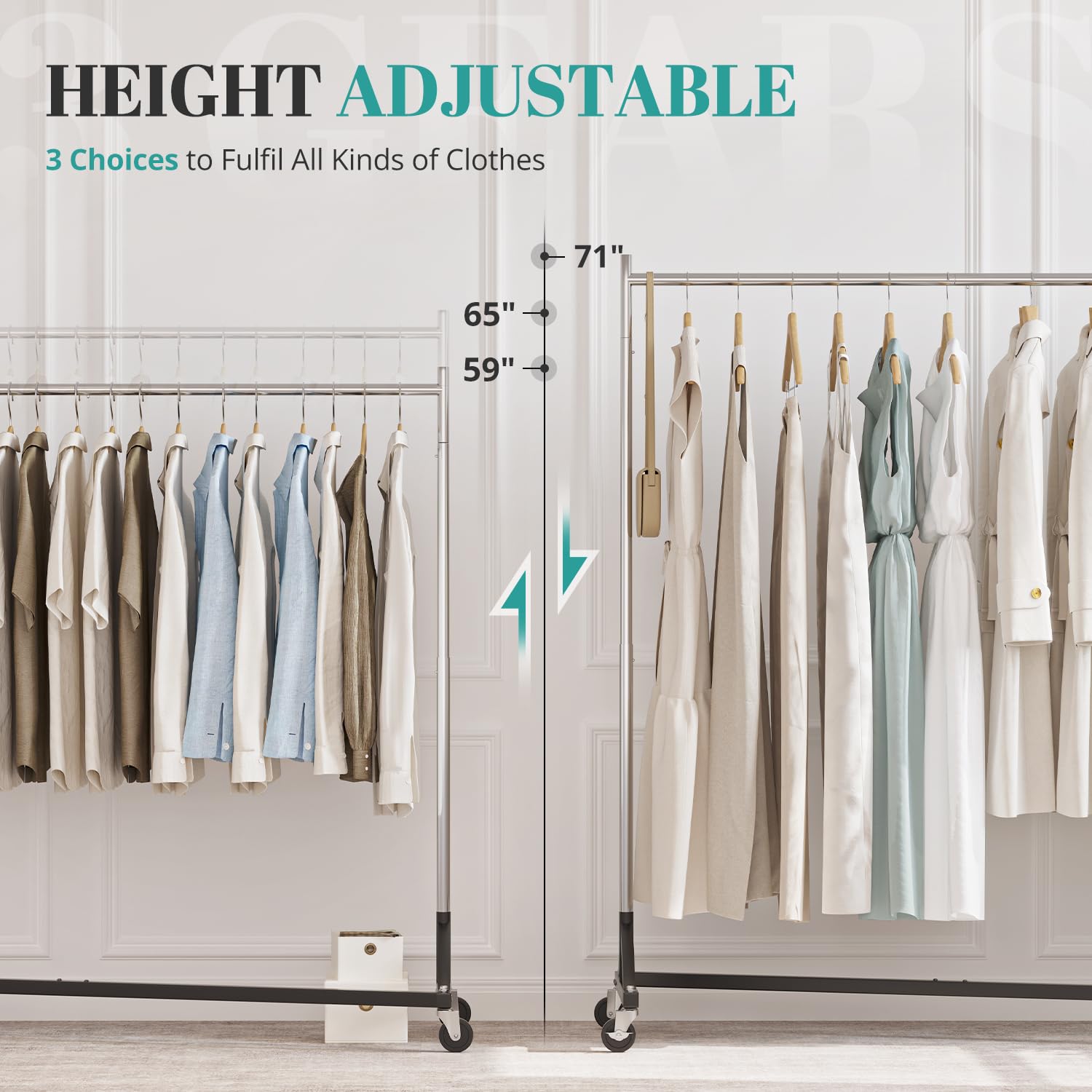 Height adjustable legs to fit different garment lengths and needs.
