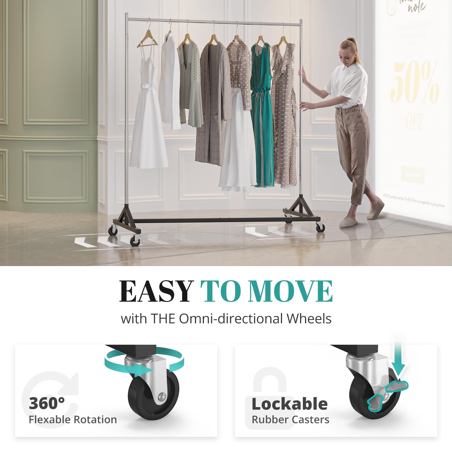 HOKEEPER Z Rack on smooth rolling wheels for easy mobility.