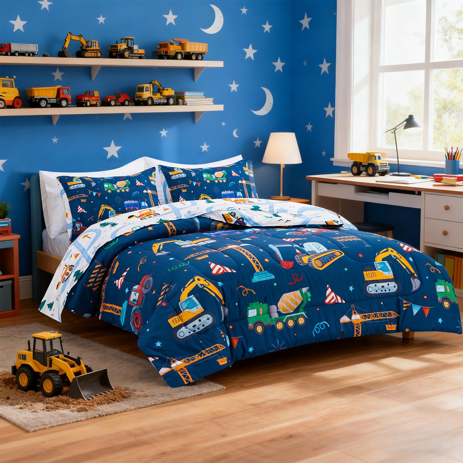 Holawakaka excavator print close-up on duvet with soft brushed fabric feel.