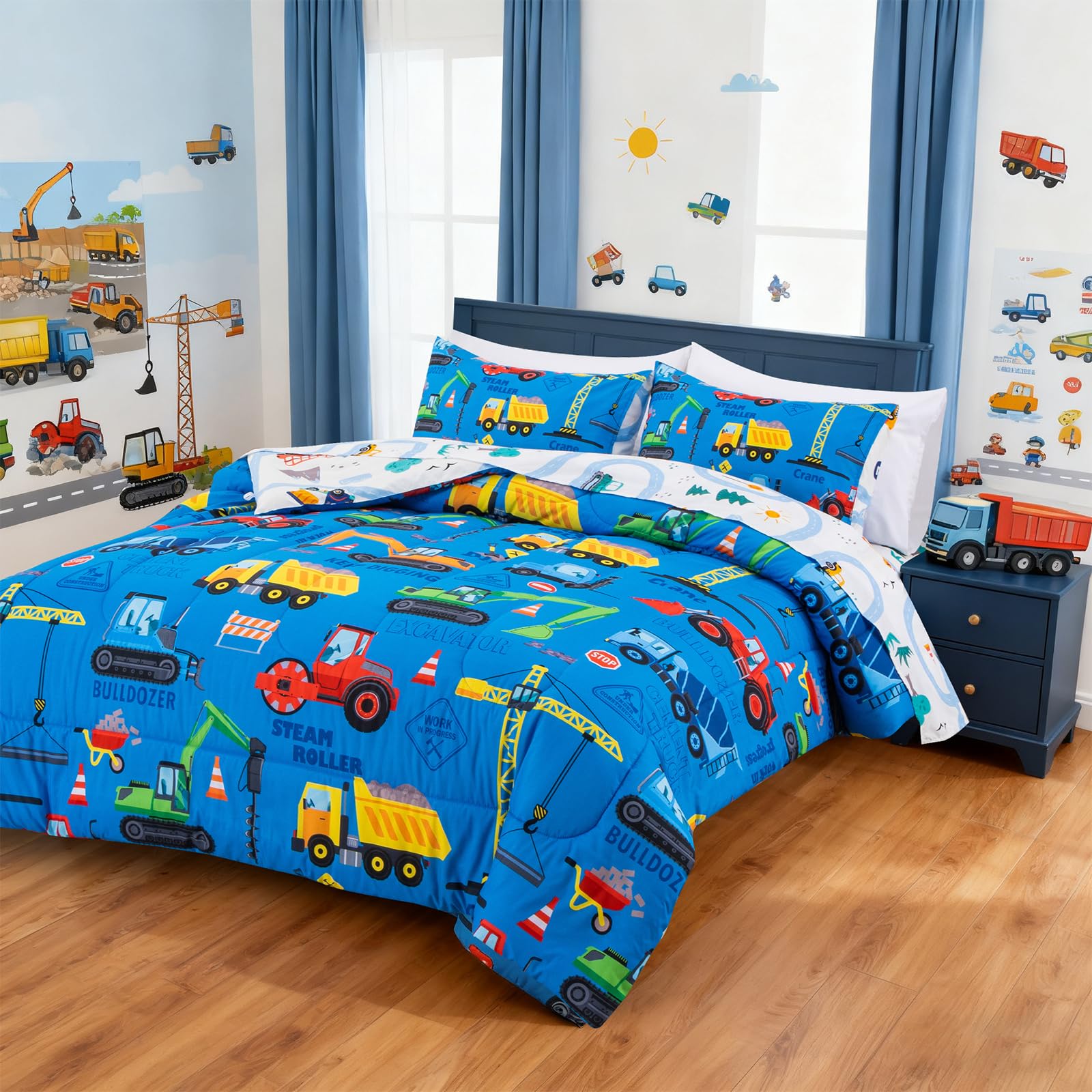 Holawakaka Trucks construction vehicles sheets pattern for a playful bedroom