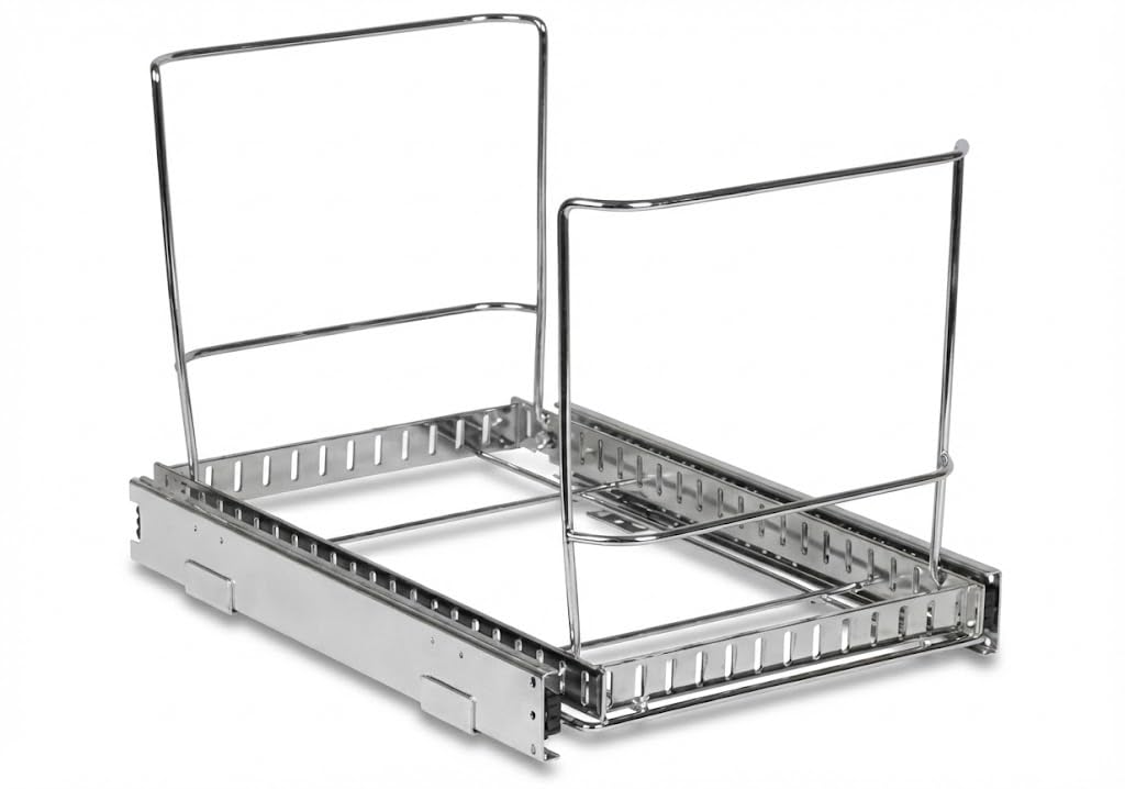 HOLDN’ STORAGE pull-out cabinet organizer keeps trash hidden for a tidy kitchen.