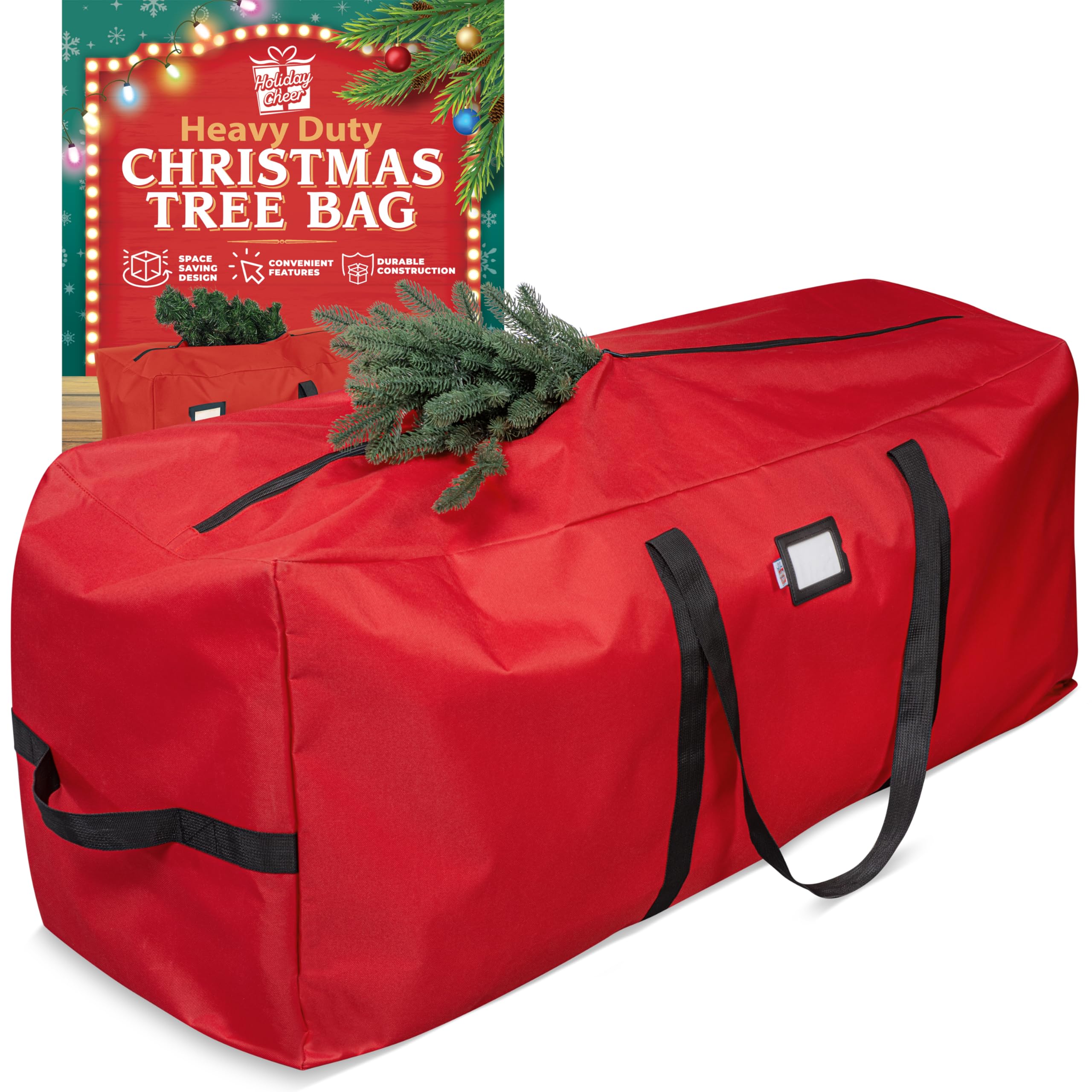 Holiday Cheer 9ft tree storage bag in red protects your artificial tree for next season.