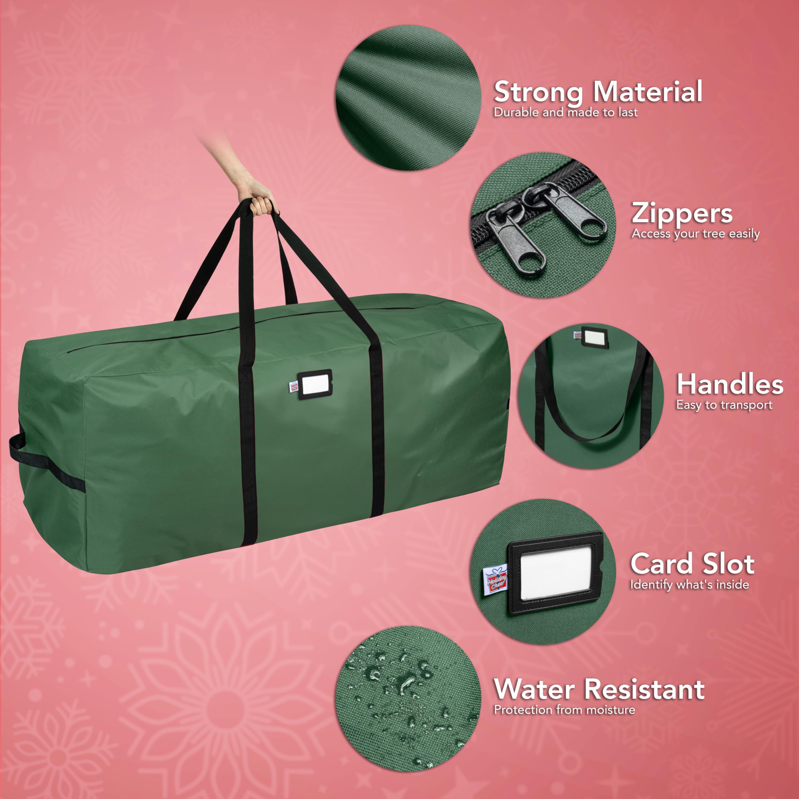 Holiday Cheer bag spacious interior fits a 7.5 ft tree and accessories.