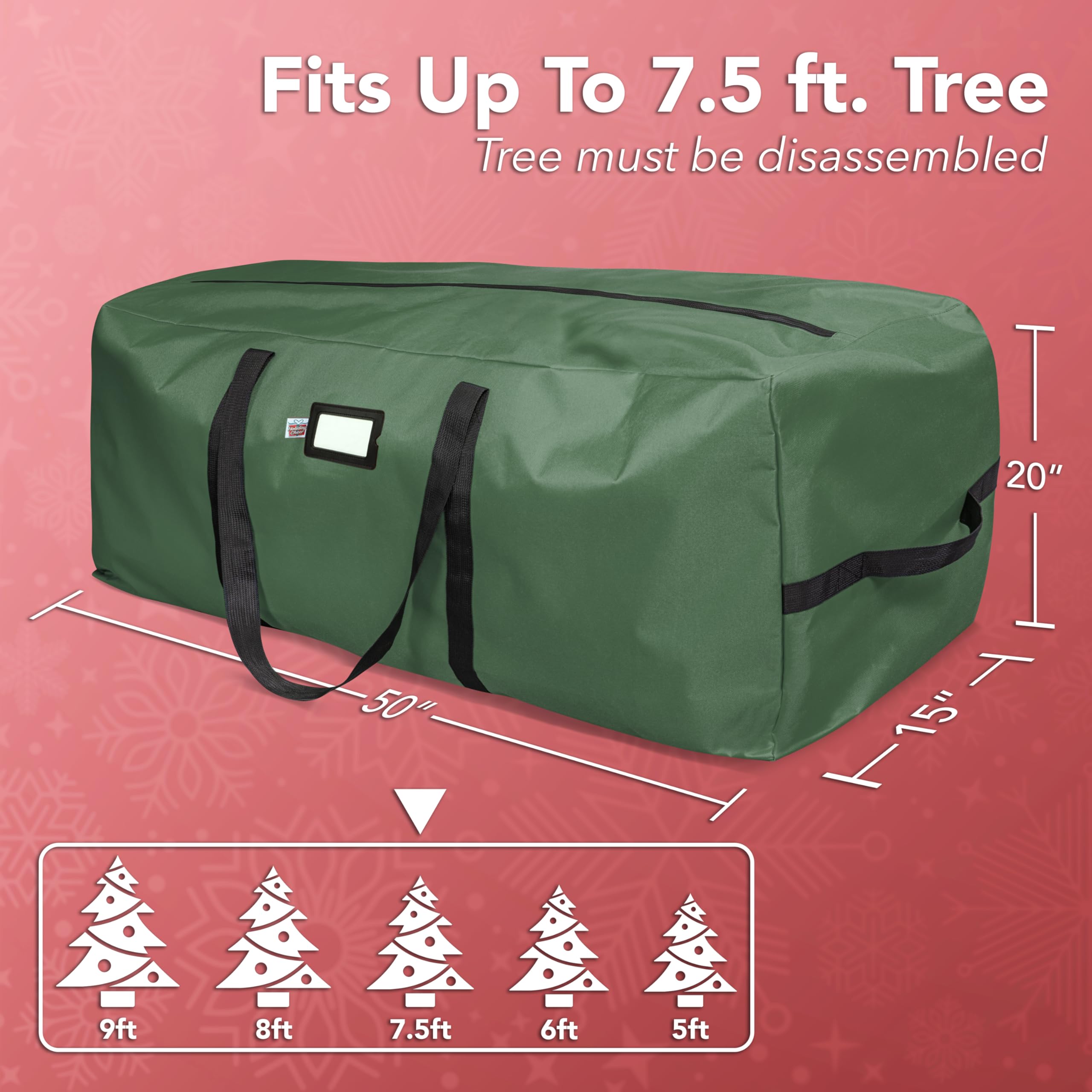 Holiday Cheer waterproof material protects contents during storage.