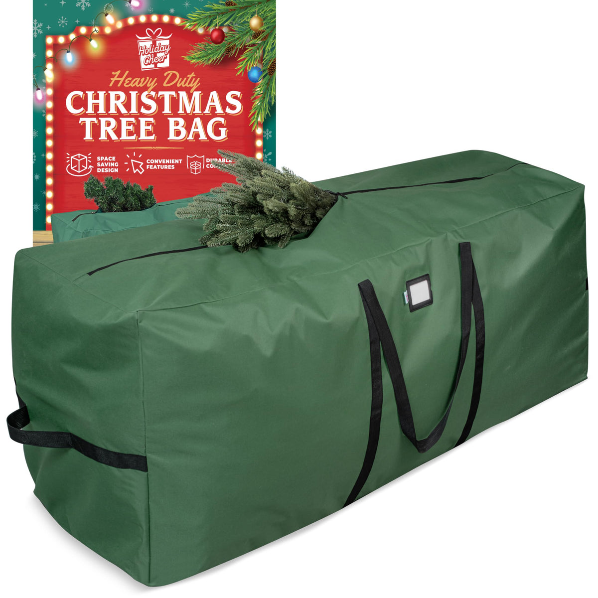 Holiday Cheer storage bag zipper detail confirms secure closure for tall trees.